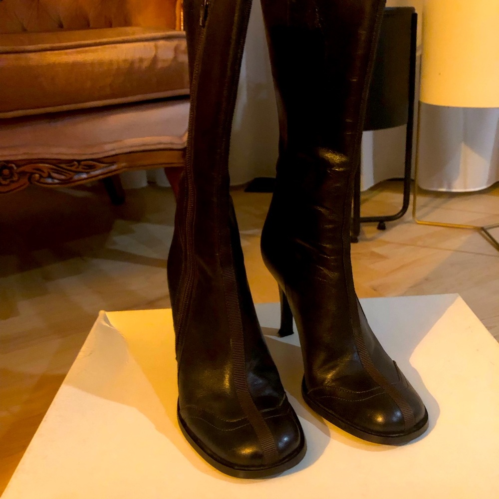 Brown leather mid-calf boots
